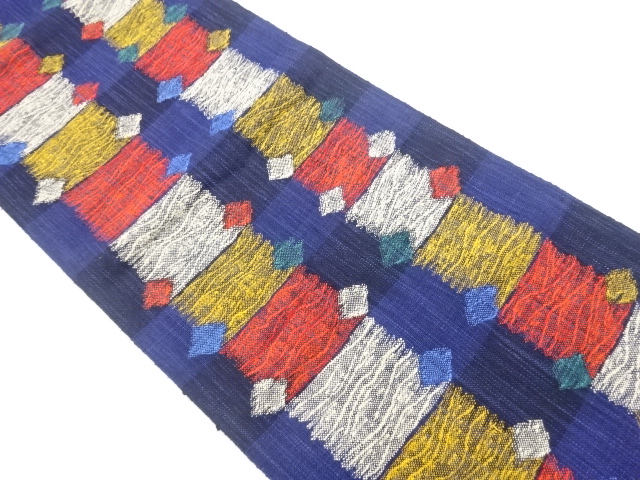 手織り紬市松に菱模様織出し名古屋帯